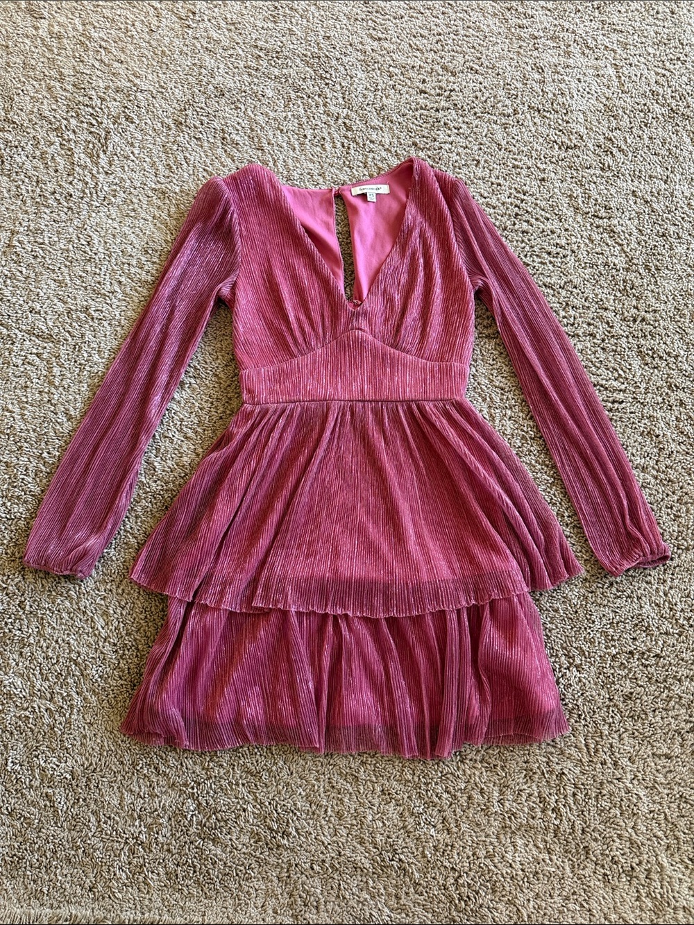 Francesca's Collections Pink Pleated Tiered Long-Sleeve Dress XS